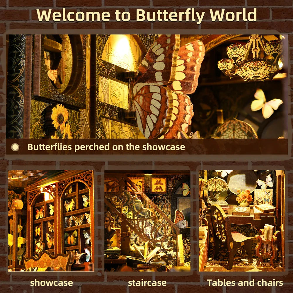 Butterfly Book nook kit Wooden 3D Puzzle DIY Dollhouse Bookshelf Building Model Kit Production High Quality Toys