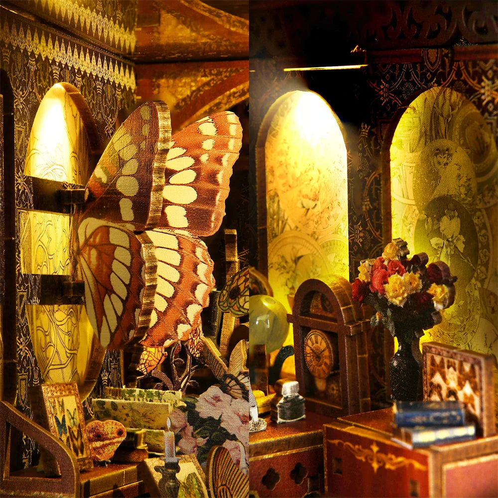 Butterfly Book nook kit Wooden 3D Puzzle DIY Dollhouse Bookshelf Building Model Kit Production High Quality Toys