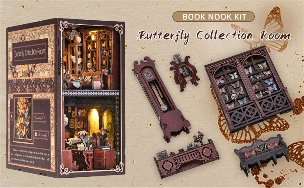 Butterfly Book nook kit Wooden 3D Puzzle DIY Dollhouse Bookshelf Building Model Kit Production High Quality Toys