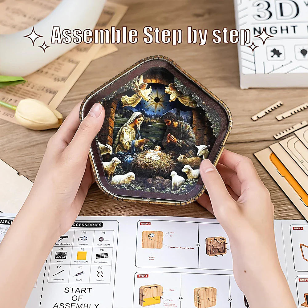 DIY Wooden Nativity Scene Night Light – Touch-Activated LED Decor Lamp