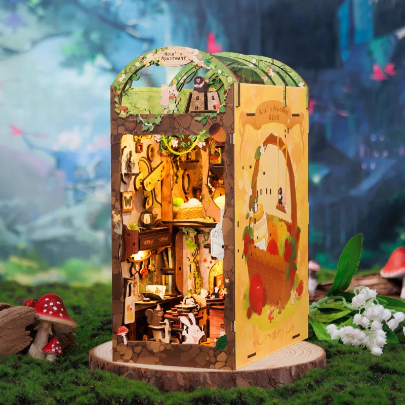 Cutebee Book Nook Kit 3D Wooden Puzzle Bookshelf Roombox Toy Mole's Apartment Miniature with Dustproof Cover LED Light Booknook