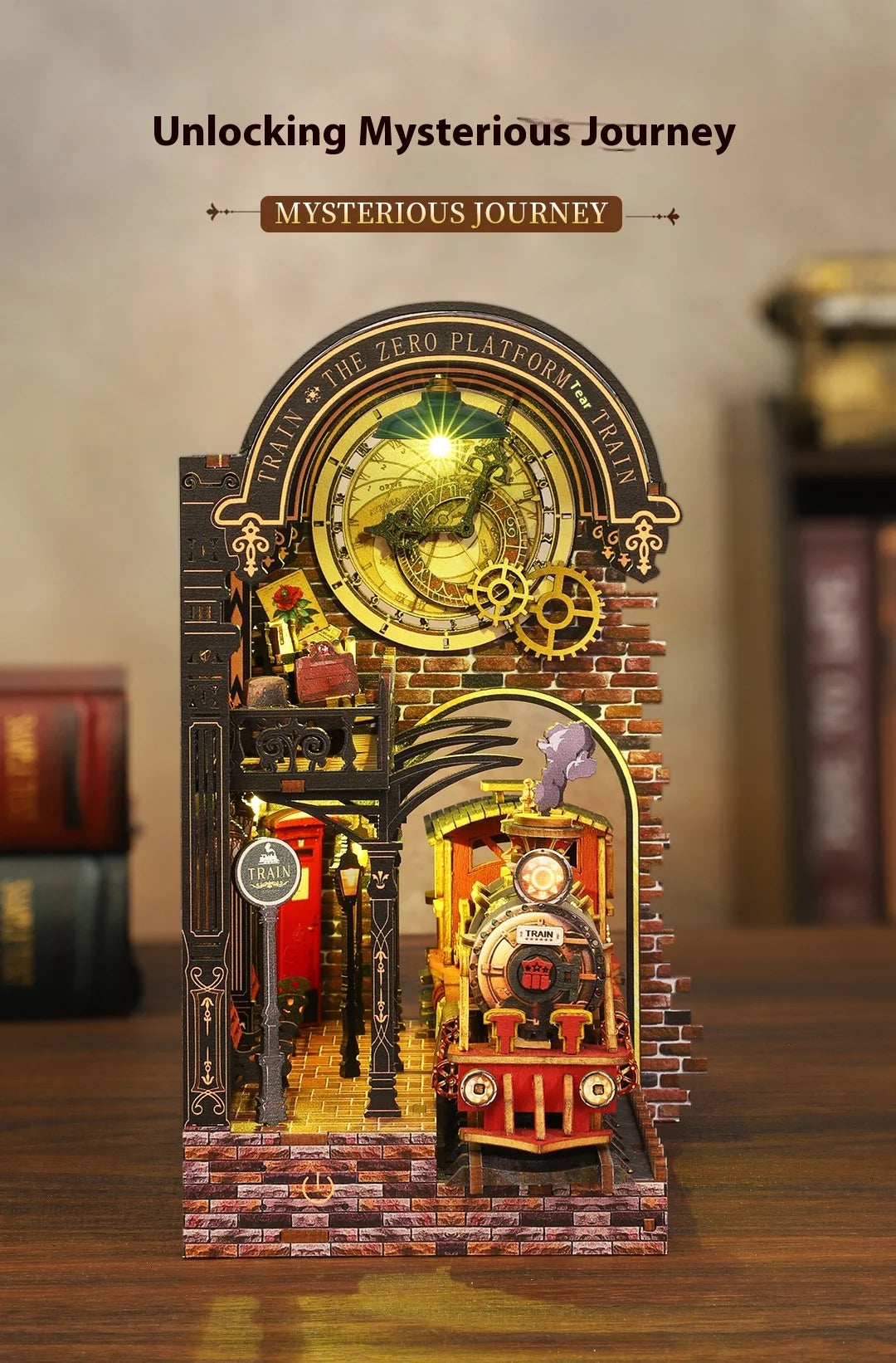 Diy Wooden Book Nook Shelf Insert Kit Miniature Model The Zero Platform Train Bookend Doll House Decor For Birthday Gifts