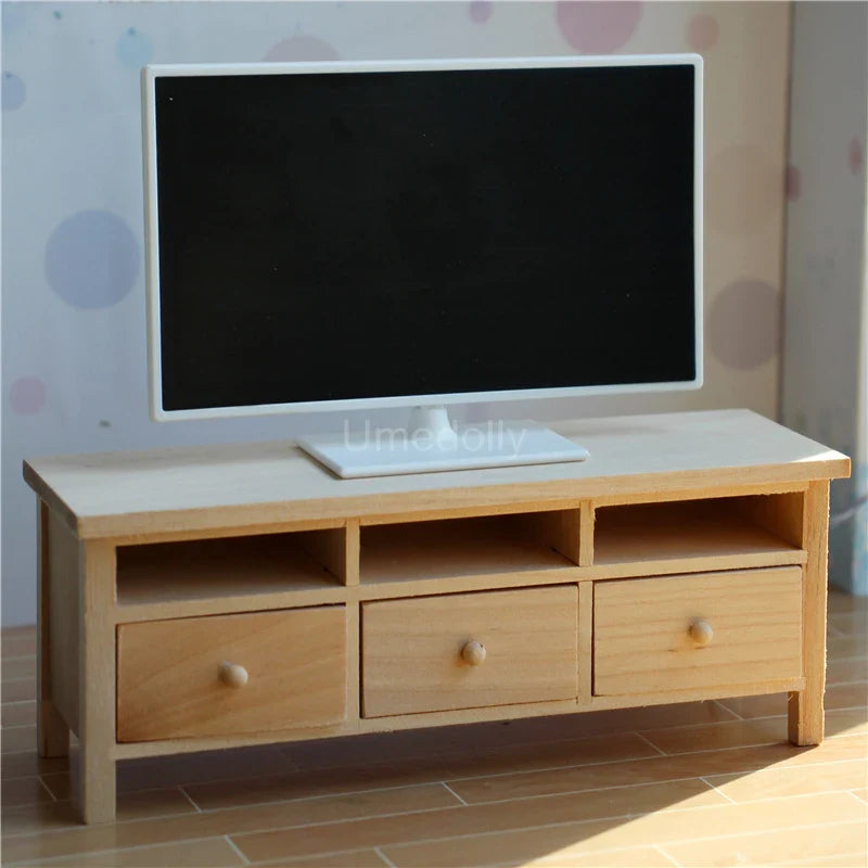 Miniature TV & Wood Bench Set | 1/6 Dollhouse Decor