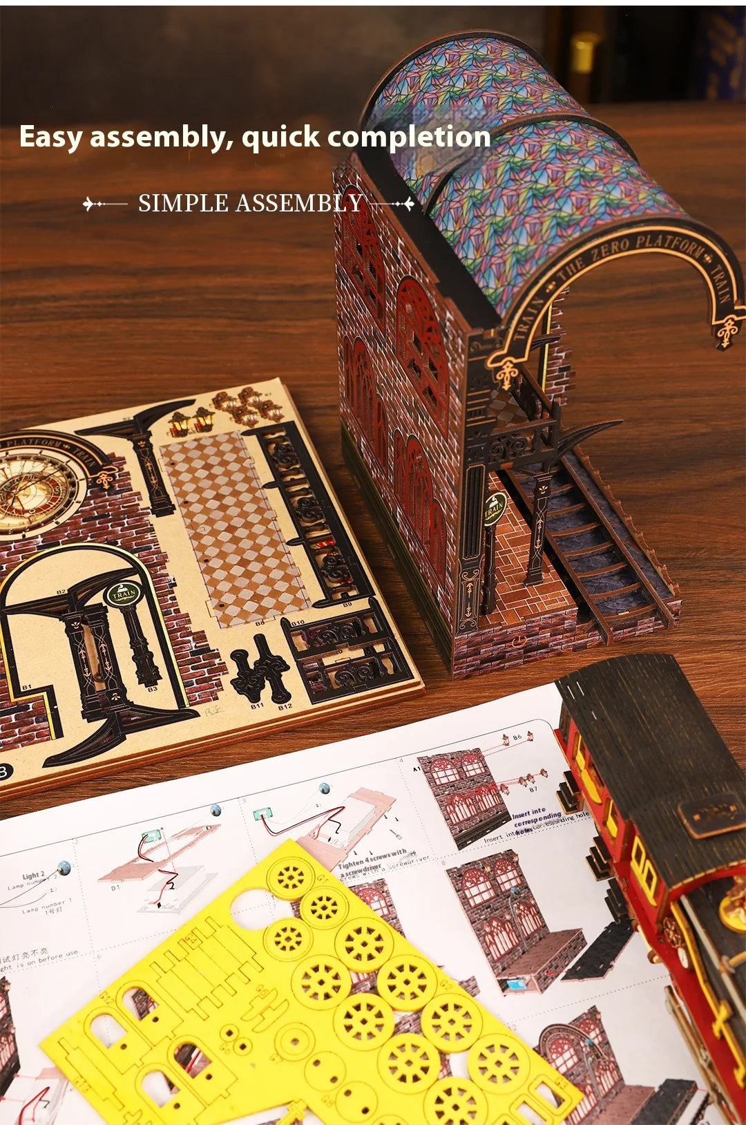 Diy Wooden Book Nook Shelf Insert Kit Miniature Model The Zero Platform Train Bookend Doll House Decor For Birthday Gifts