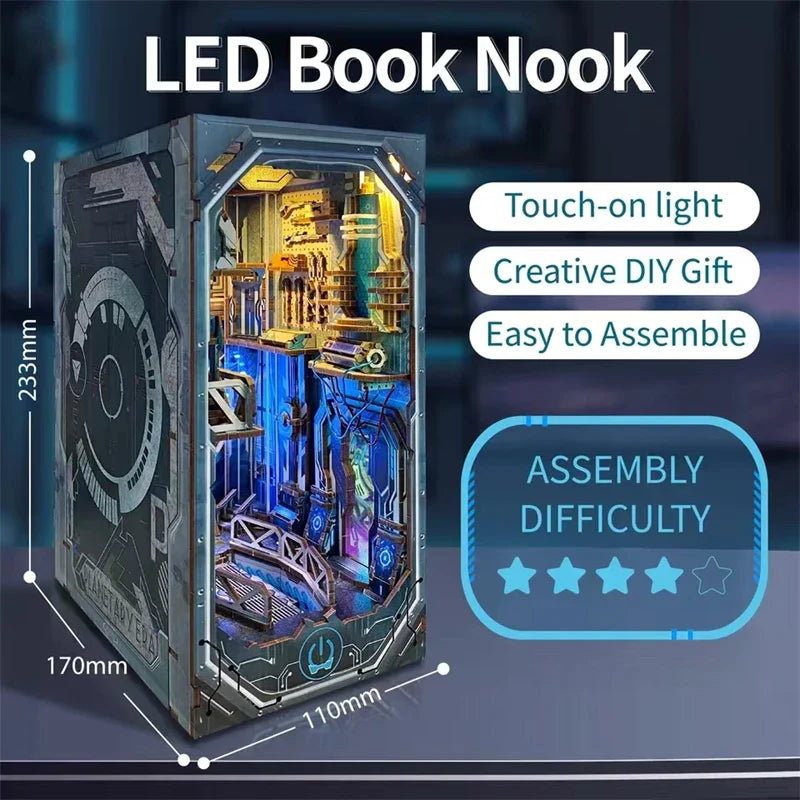 Sci-fi Planetary Era DIY Wooden Book Nook Figurines Miniature Kits Bookshelf Home Bookend Decoration For Adult Handmade Gifts
