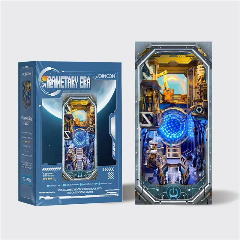 Sci-fi Planetary Era DIY Wooden Book Nook Figurines Miniature Kits Bookshelf Home Bookend Decoration For Adult Handmade Gifts