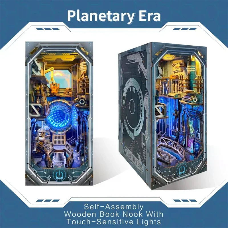 Sci-fi Planetary Era DIY Wooden Book Nook Figurines Miniature Kits Bookshelf Home Bookend Decoration For Adult Handmade Gifts