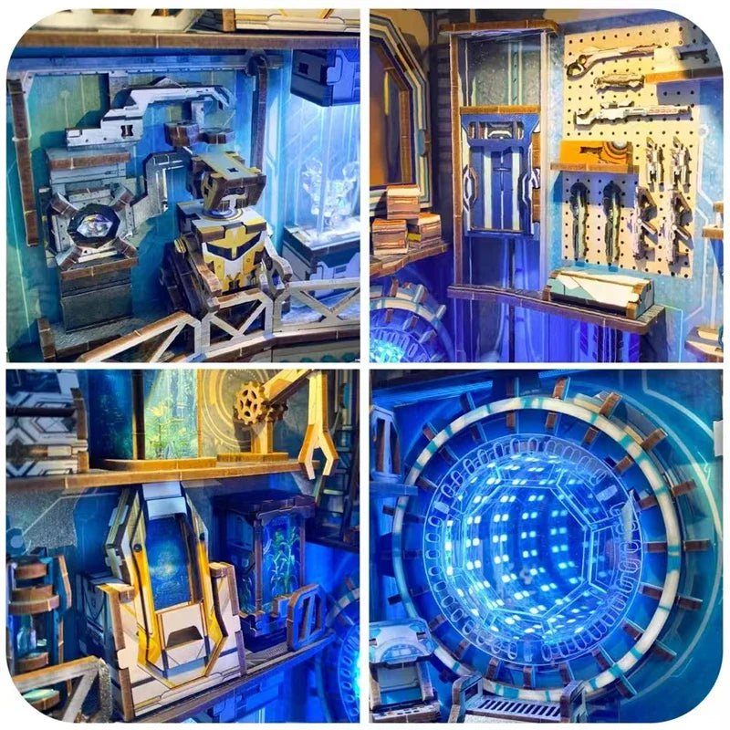 Sci-fi Planetary Era DIY Wooden Book Nook Figurines Miniature Kits Bookshelf Home Bookend Decoration For Adult Handmade Gifts