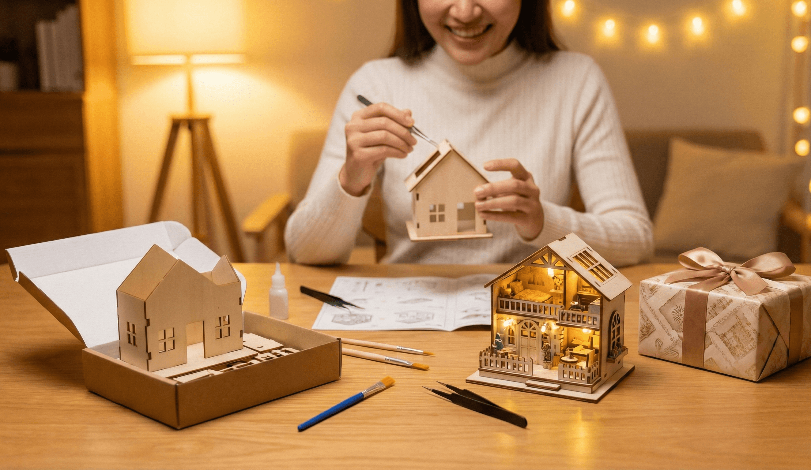 Book Nook Kit Assembly - Beautiful book nook kit displayed on a bookshelf, showing detailed miniature library scene with LED lighting, books, and cozy reading nook