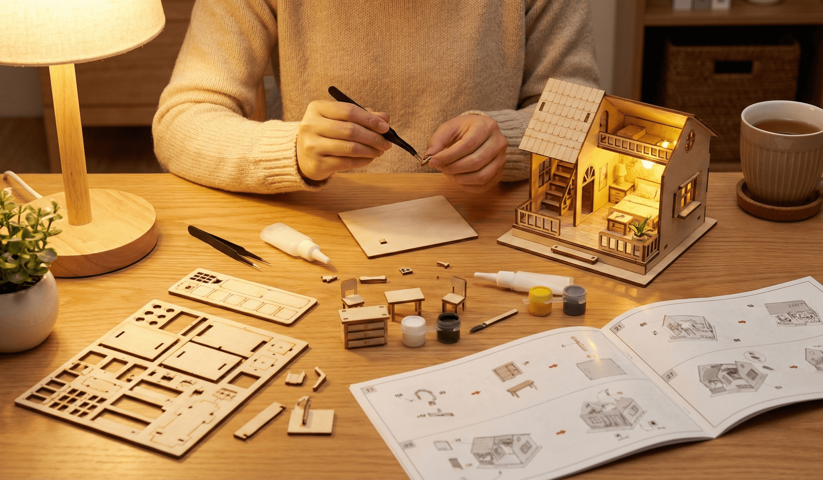 Hands assembling DIY Miniature House Kit - Crafting process showing wooden pieces, tweezers, and step-by-step assembly of a book nook kit