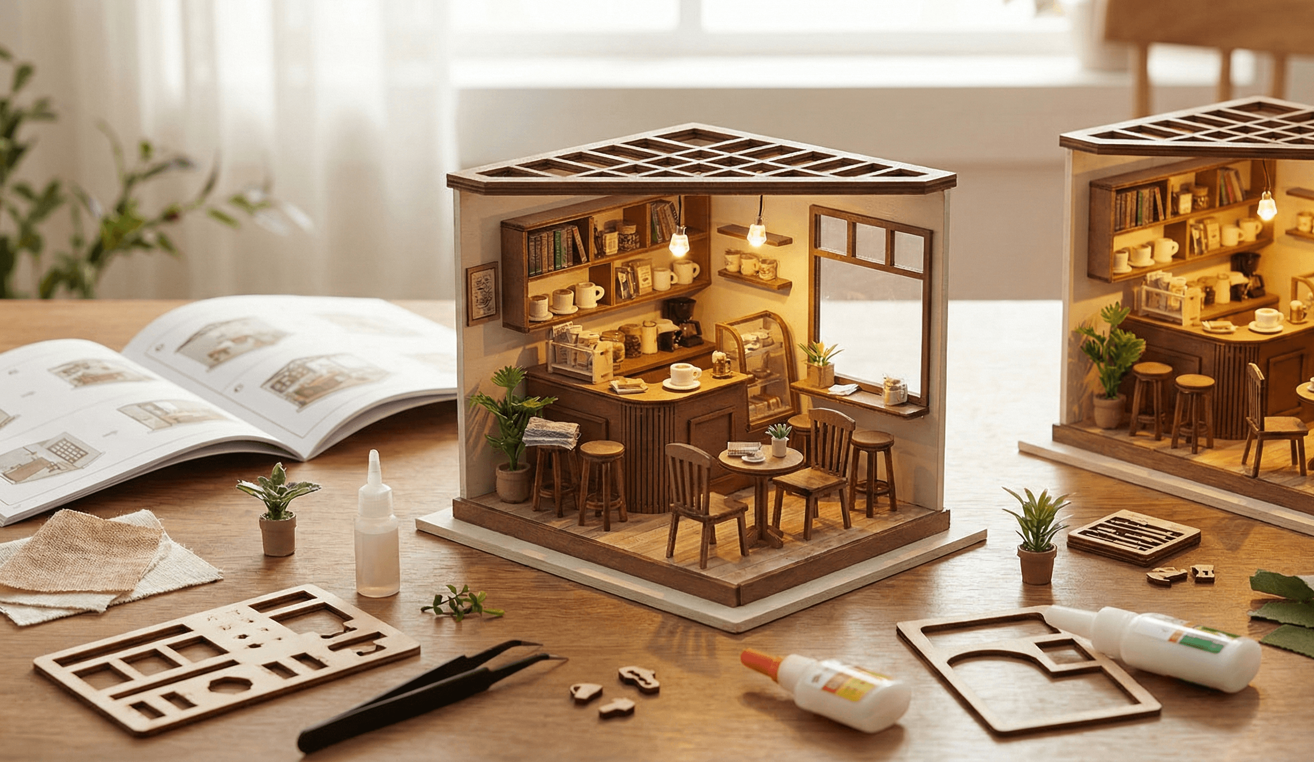 DIY Miniature House Kits Collection - Beautiful miniature coffee shop diorama being assembled on a wooden table, showing detailed craftsmanship with LED lighting, miniature furniture, and intricate miniature scenes