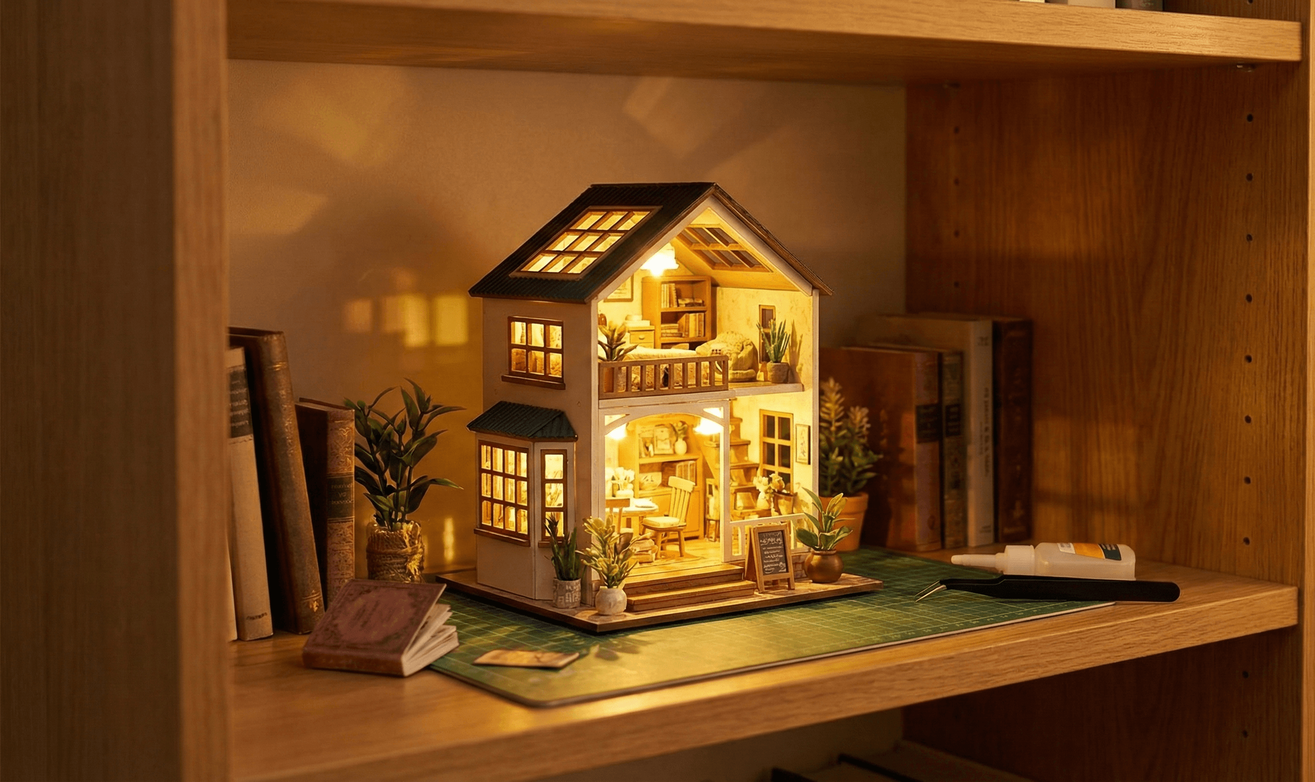 Standalone Miniature House Display - Complete DIY miniature house kit with multiple rooms, detailed furniture, LED lighting, and intricate architectural elements displayed on a table