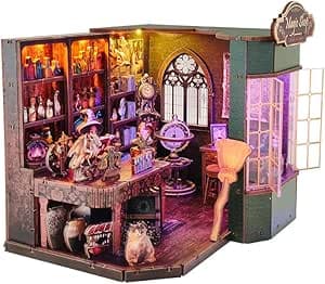 Book Nook Kit - library 3D Wooden Bookshelf Decor - DIY miniature house kit with LED lights displayed on a white background