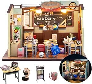 DIY Miniature House Kit - School House - DIY miniature house kit with LED lights displayed on a white background