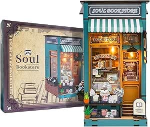 Book Nook Kit - bookstore Bookshelf Decor - DIY miniature house kit with LED lights displayed on a white background