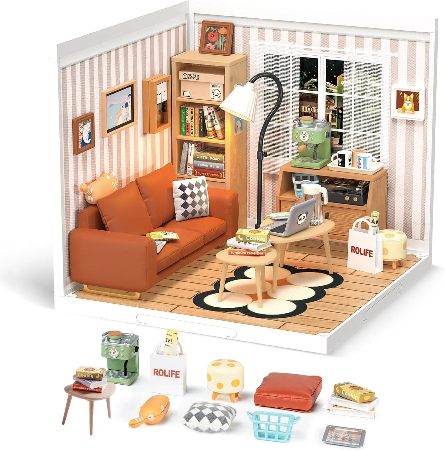 DIY Miniature House Kit - Dollhouse with LED - DIY miniature house kit with LED lights displayed on a white background