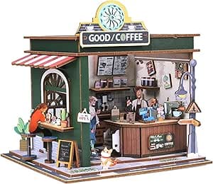 Miniature House Kit - coffee shop with LED DIY Dollhouse - DIY miniature house kit with LED lights displayed on a white background