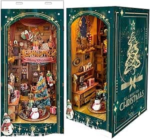 Book Nook Kit - christmas with LED Bookshelf Decor - DIY miniature house kit with LED lights displayed on a white background