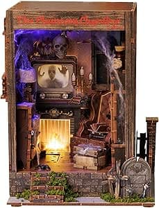 DIY Book Nook Kit - Bookshelf Insert Decor - DIY miniature house kit with LED lights displayed on a white background