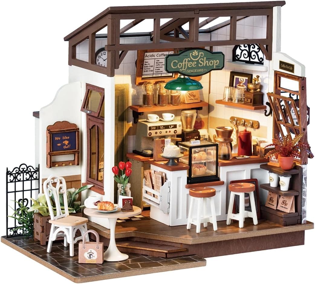 Miniature House Kit - coffee shop with LED DIY Dollhouse - DIY miniature house kit with LED lights displayed on a white background