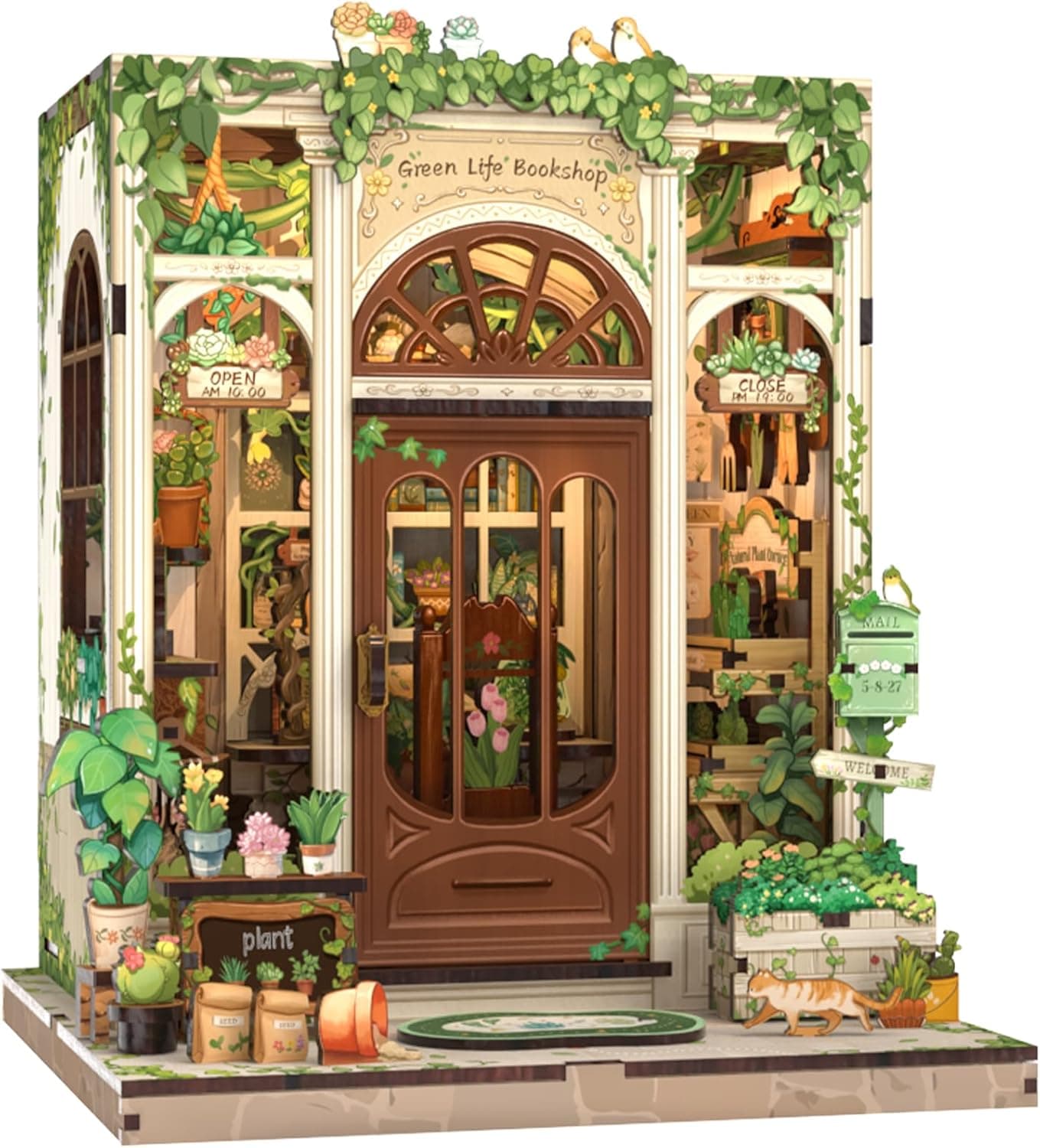 Book Nook Kit - library Bookshelf Decor - DIY miniature house kit with LED lights displayed on a white background