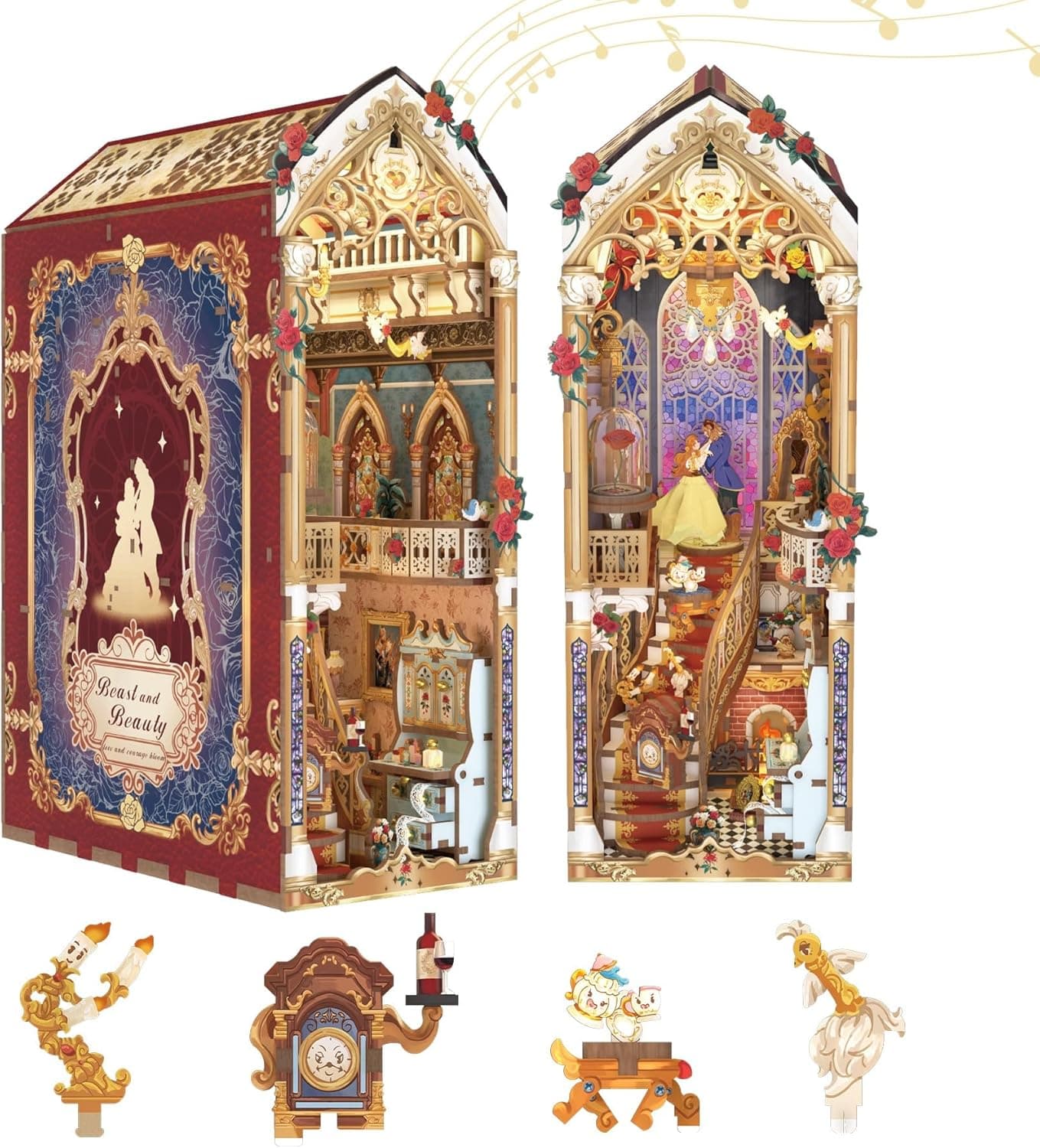 Book Nook Kit - library Bookshelf Decor - DIY miniature house kit with LED lights displayed on a white background