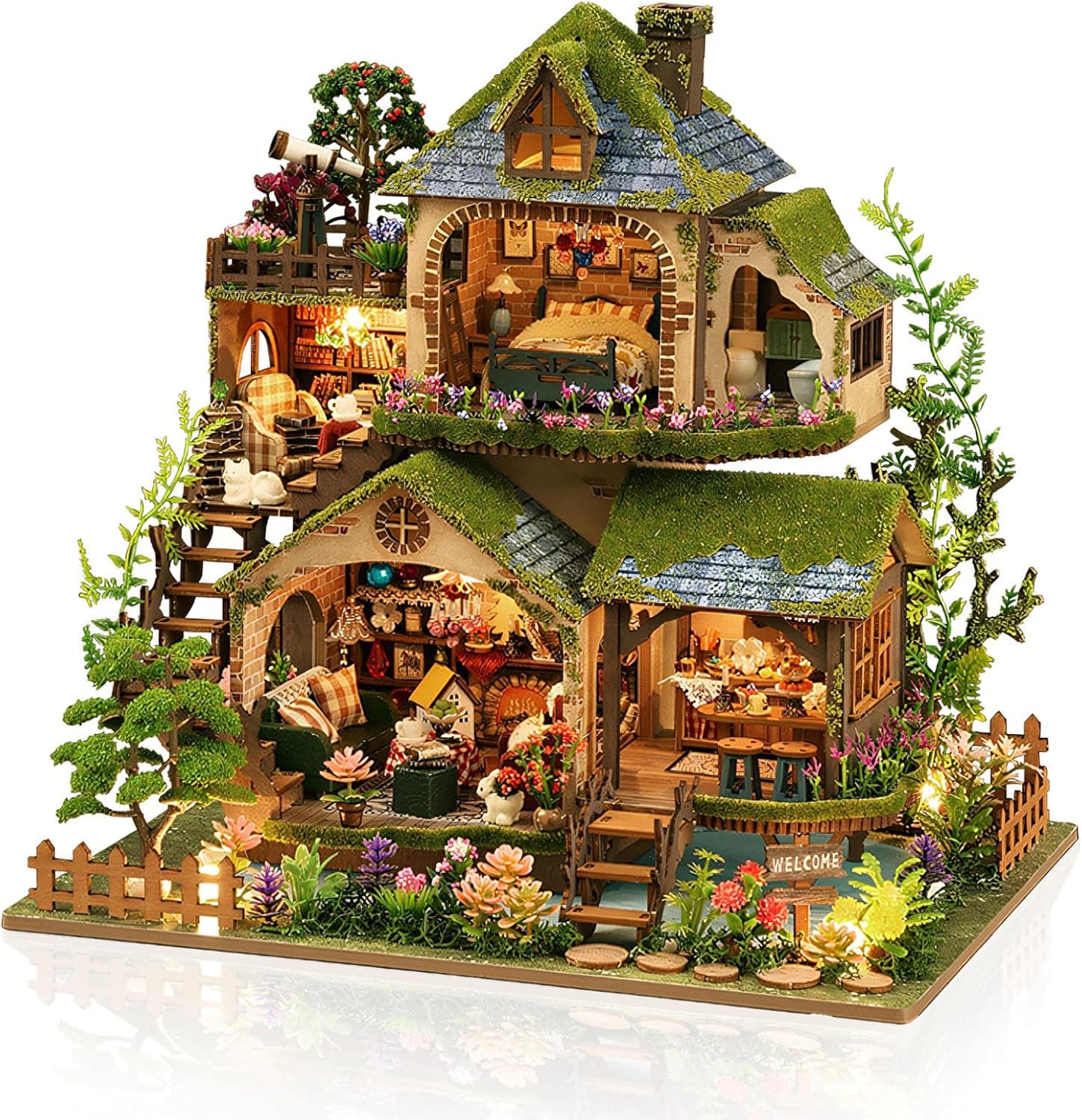 DIY Miniature House Kit - Dollhouse with LED - DIY miniature house kit with LED lights displayed on a white background