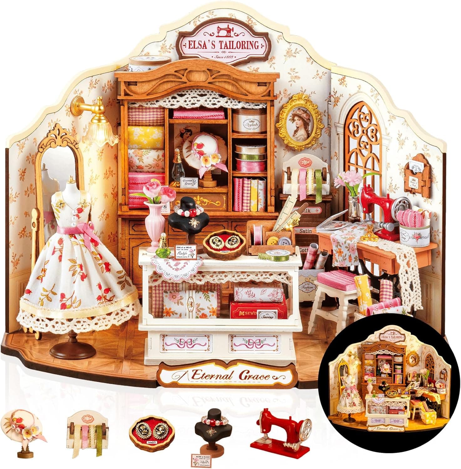 Miniature House Kit - shop DIY Dollhouse - DIY miniature house kit with LED lights displayed on a white background