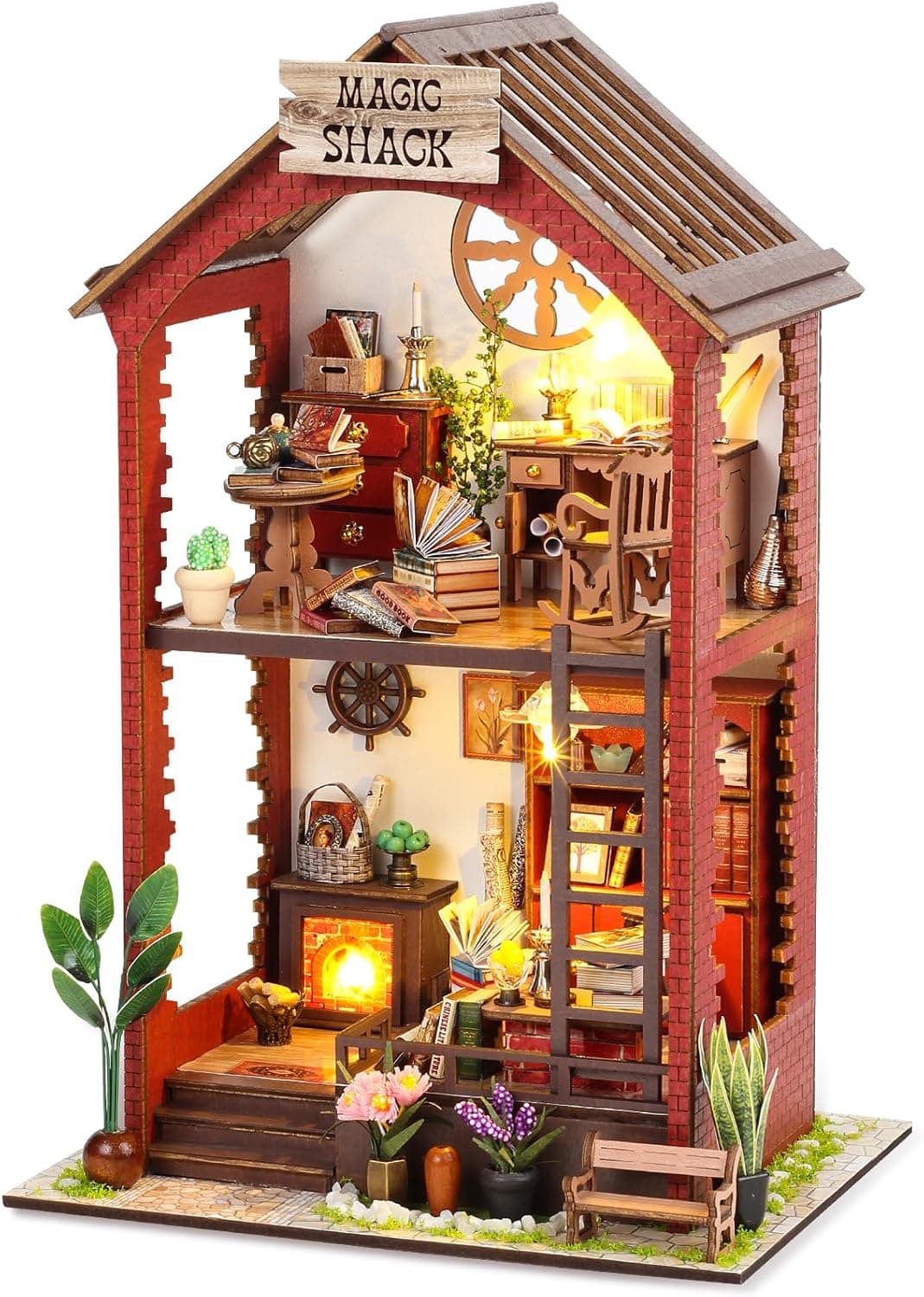 Book Nook Kit - library with LED Bookshelf Decor - DIY miniature house kit with LED lights displayed on a white background