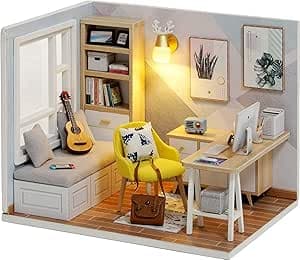 Miniature House Kit - room with LED DIY Dollhouse - DIY miniature house kit with LED lights displayed on a white background