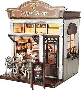 Book Nook Kit - coffee shop with LED Bookshelf Decor - Featured Coffee Shop Book Nook kit example showing detailed miniature house construction with LED lighting and accessories