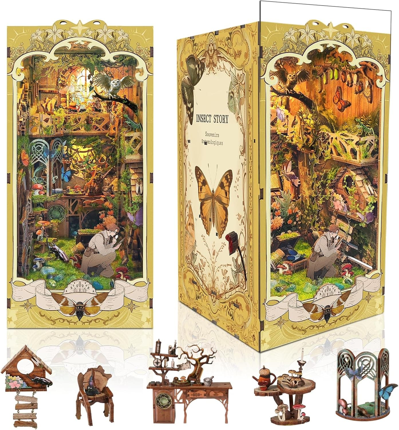 Book Nook Kit - library Bookshelf Decor - DIY miniature house kit with LED lights displayed on a white background