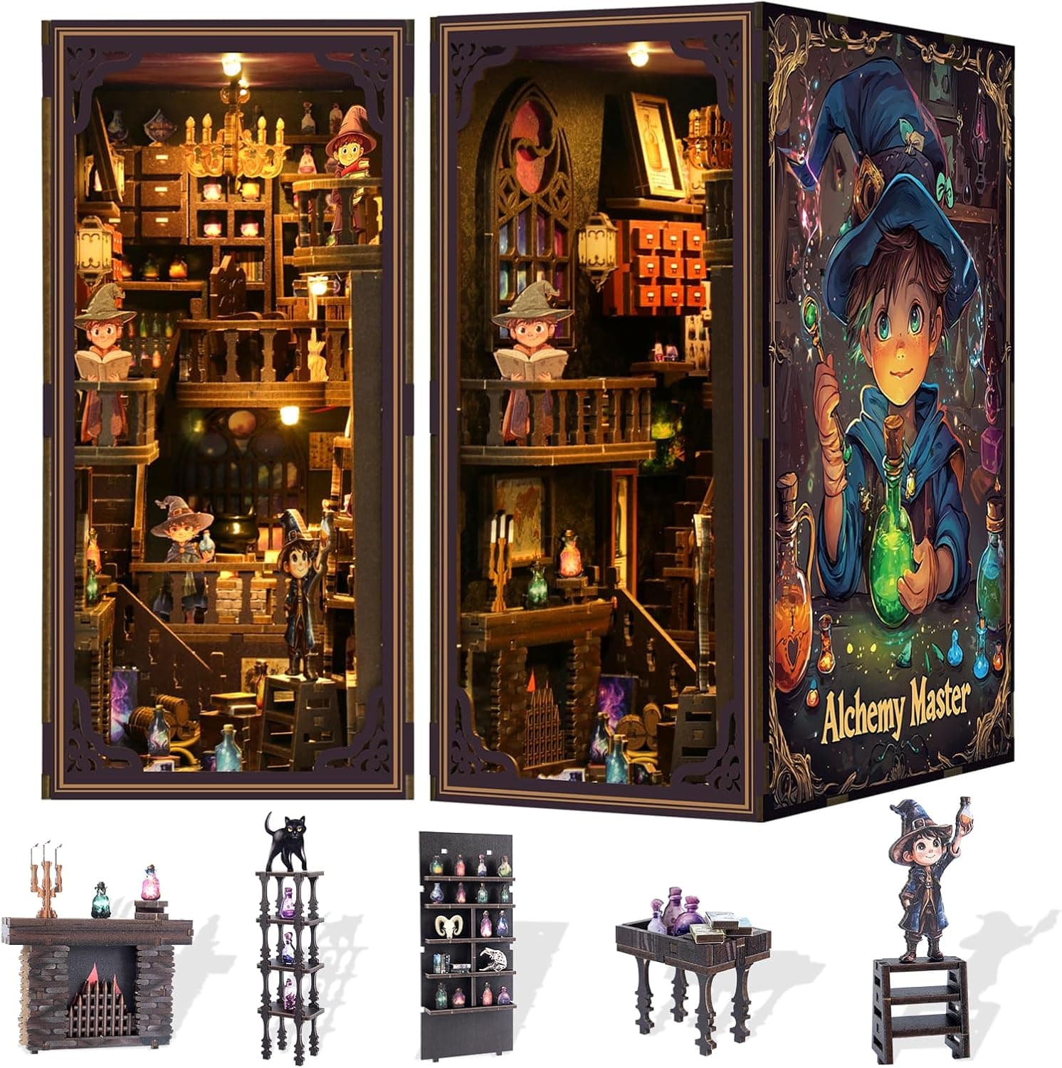 Book Nook Kit - library Bookshelf Decor - DIY miniature house kit with LED lights displayed on a white background