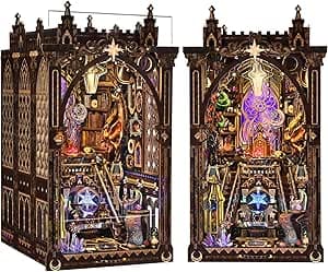 DIY Book Nook Kit - Bookshelf Insert Decor - DIY miniature house kit with LED lights displayed on a white background