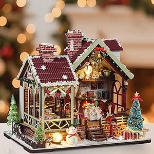 Miniature House Kit - christmas with LED DIY Dollhouse - DIY miniature house kit displayed on a white background