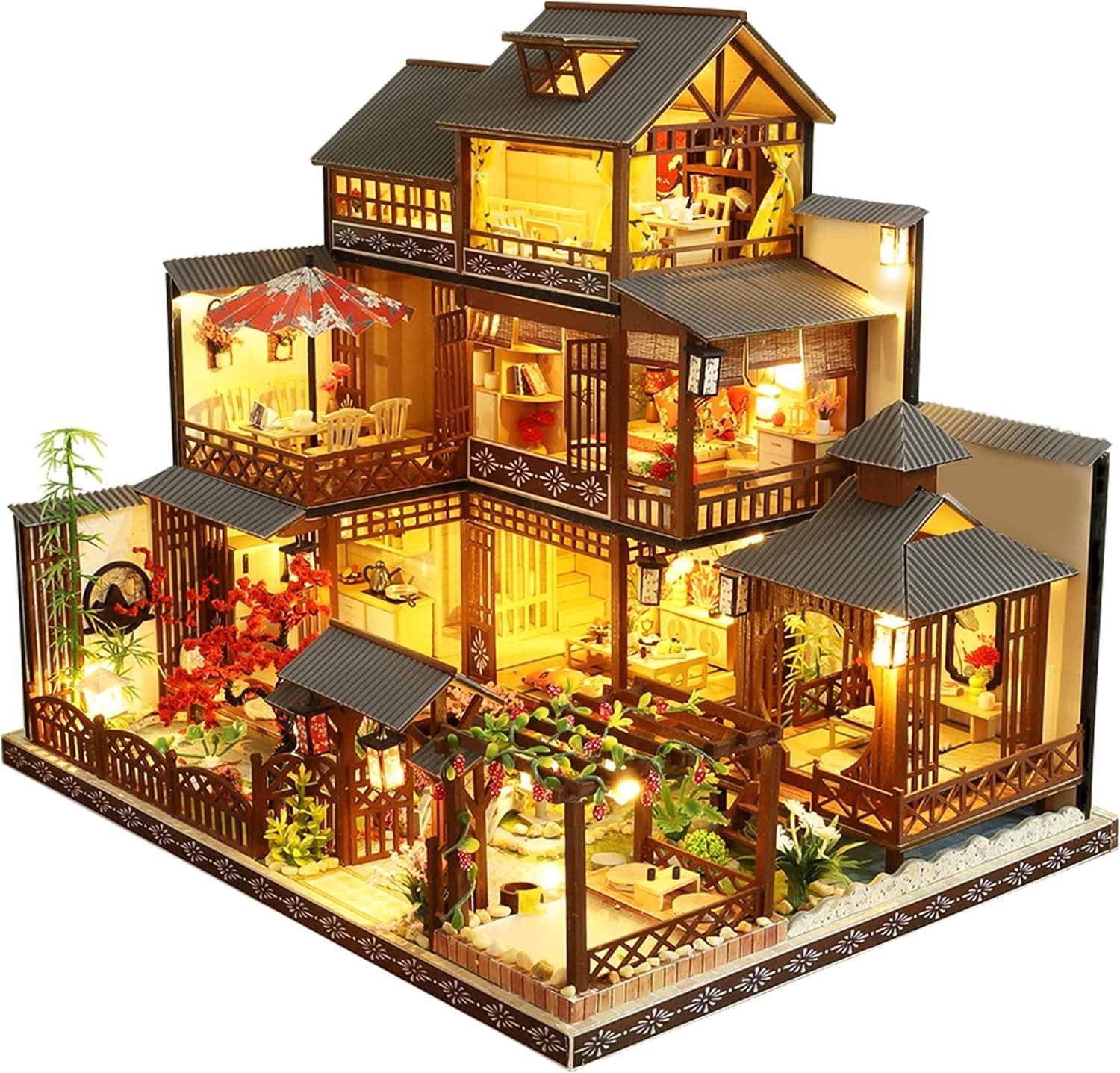 DIY Miniature House Kit - Dollhouse with LED - DIY miniature house kit with LED lights displayed on a white background