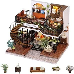 Miniature House Kit - Forest Teashop with LED - DIY miniature house kit with LED lights displayed on a white background