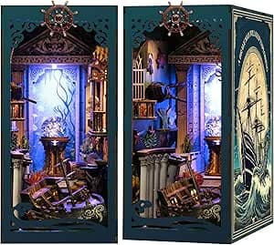 Book Nook Kit - pirate with LED Bookshelf Decor - Featured Pirate Book Nook kit example showing detailed miniature house construction with LED lighting and accessories
