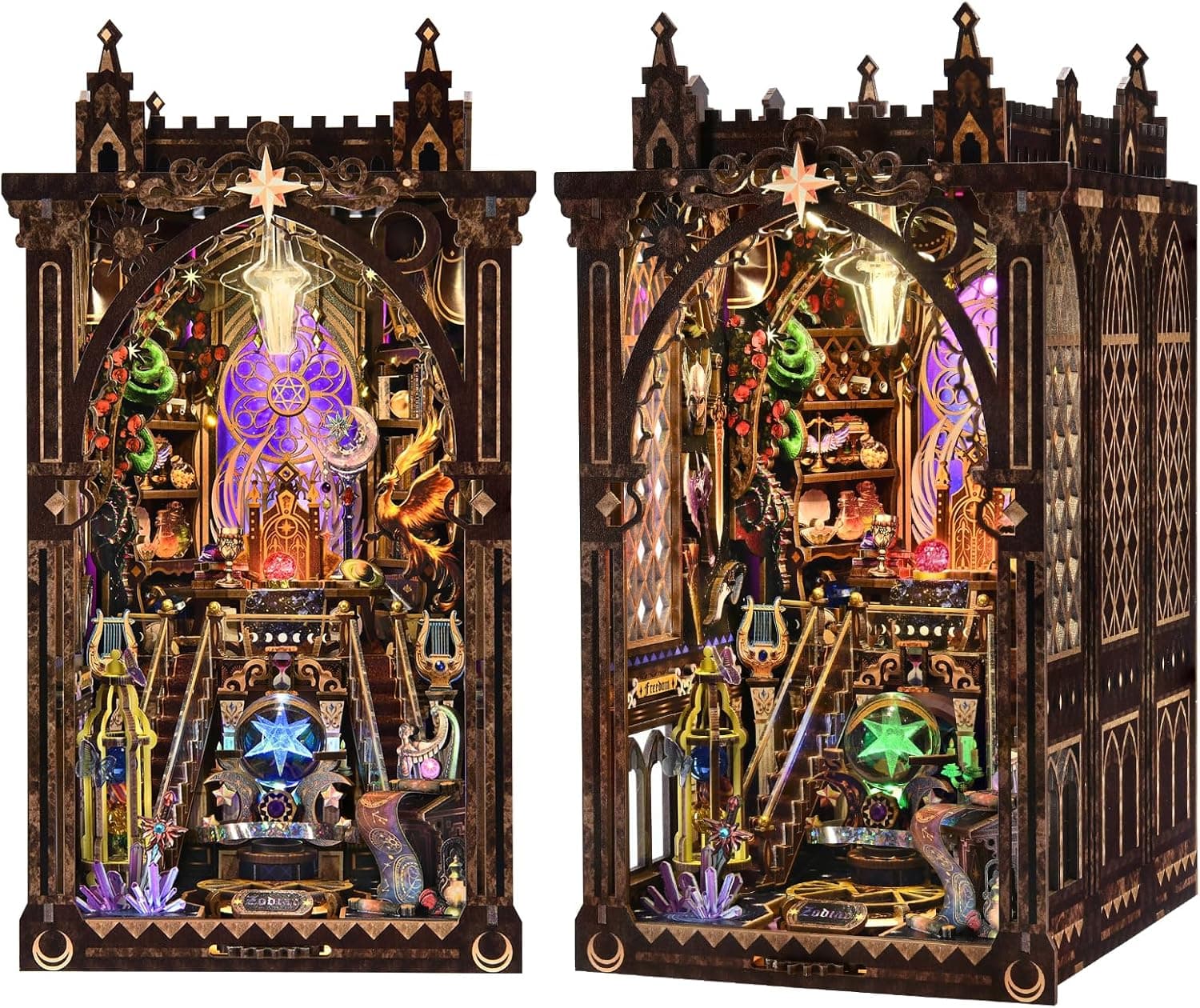 Book Nook Kit - library Bookshelf Decor - DIY miniature house kit with LED lights displayed on a white background