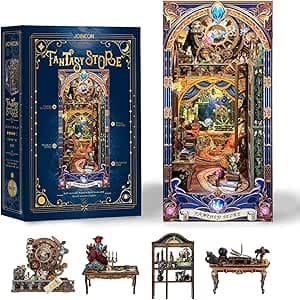 Book Nook Kit - fantasy 3D Wooden Bookshelf Decor - DIY miniature house kit with LED lights displayed on a white background