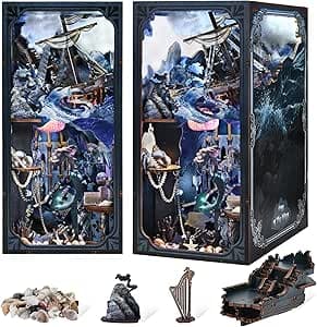 DIY Book Nook Kit - Bookshelf Insert Decor - DIY miniature house kit with LED lights displayed on a white background