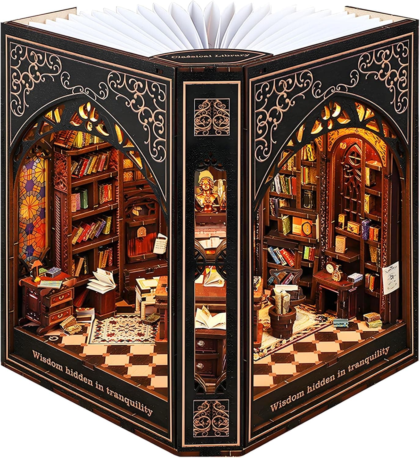 DIY Book Nook Kit - Bookshelf Insert Decor - DIY miniature house kit with LED lights displayed on a white background