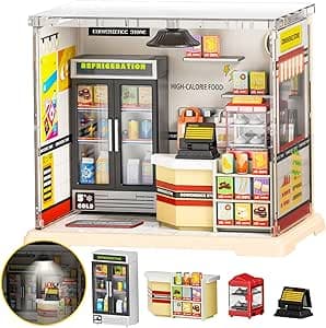 Miniature House Kit - store DIY Dollhouse - DIY miniature house kit with LED lights displayed on a white background