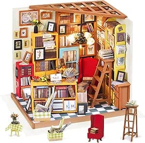 Book Nook Kit - library Bookshelf Decor - DIY miniature house kit with LED lights displayed on a white background