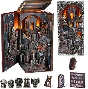 Book Nook Kit - halloween 3D Wooden Bookshelf Decor - DIY miniature house kit with LED lights displayed on a white background