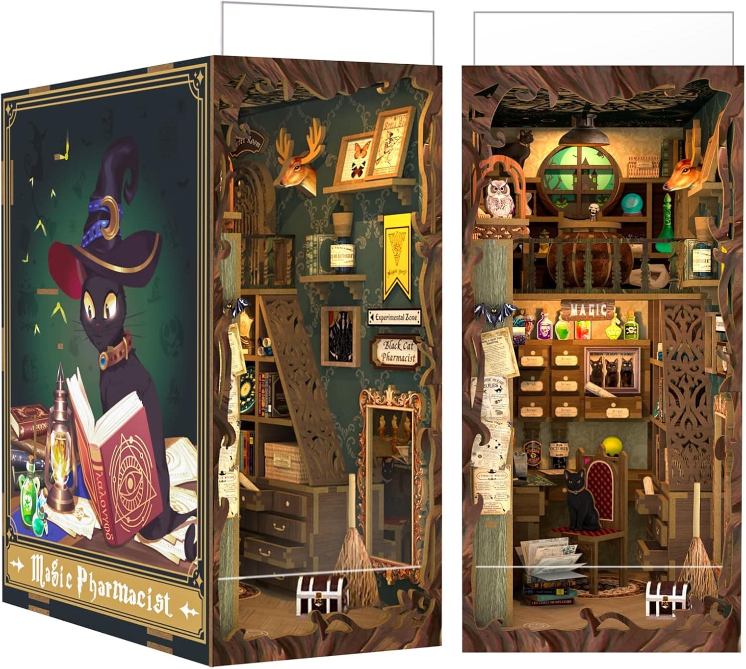 Book Nook Kit - library Bookshelf Decor - DIY miniature house kit with LED lights displayed on a white background