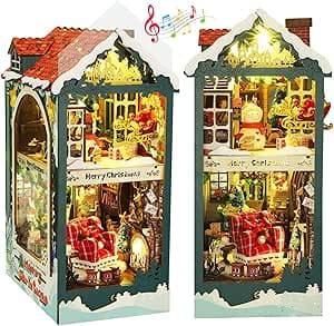 Book Nook Kit - christmas Bookshelf Decor - DIY miniature house kit with LED lights displayed on a white background