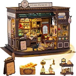 Miniature House Kit - coffee shop with LED DIY Dollhouse - DIY miniature house kit with LED lights displayed on a white background