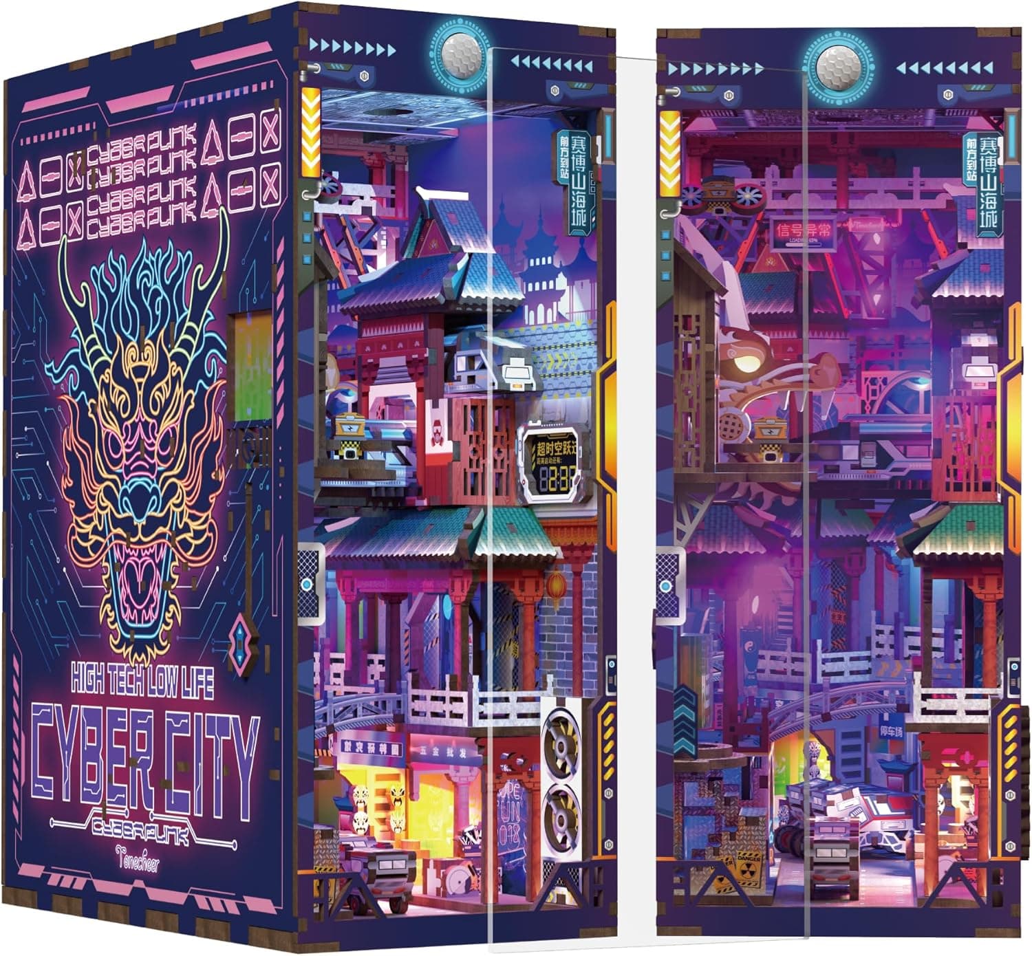 Book Nook Kit - library Bookshelf Decor - DIY miniature house kit with LED lights displayed on a white background