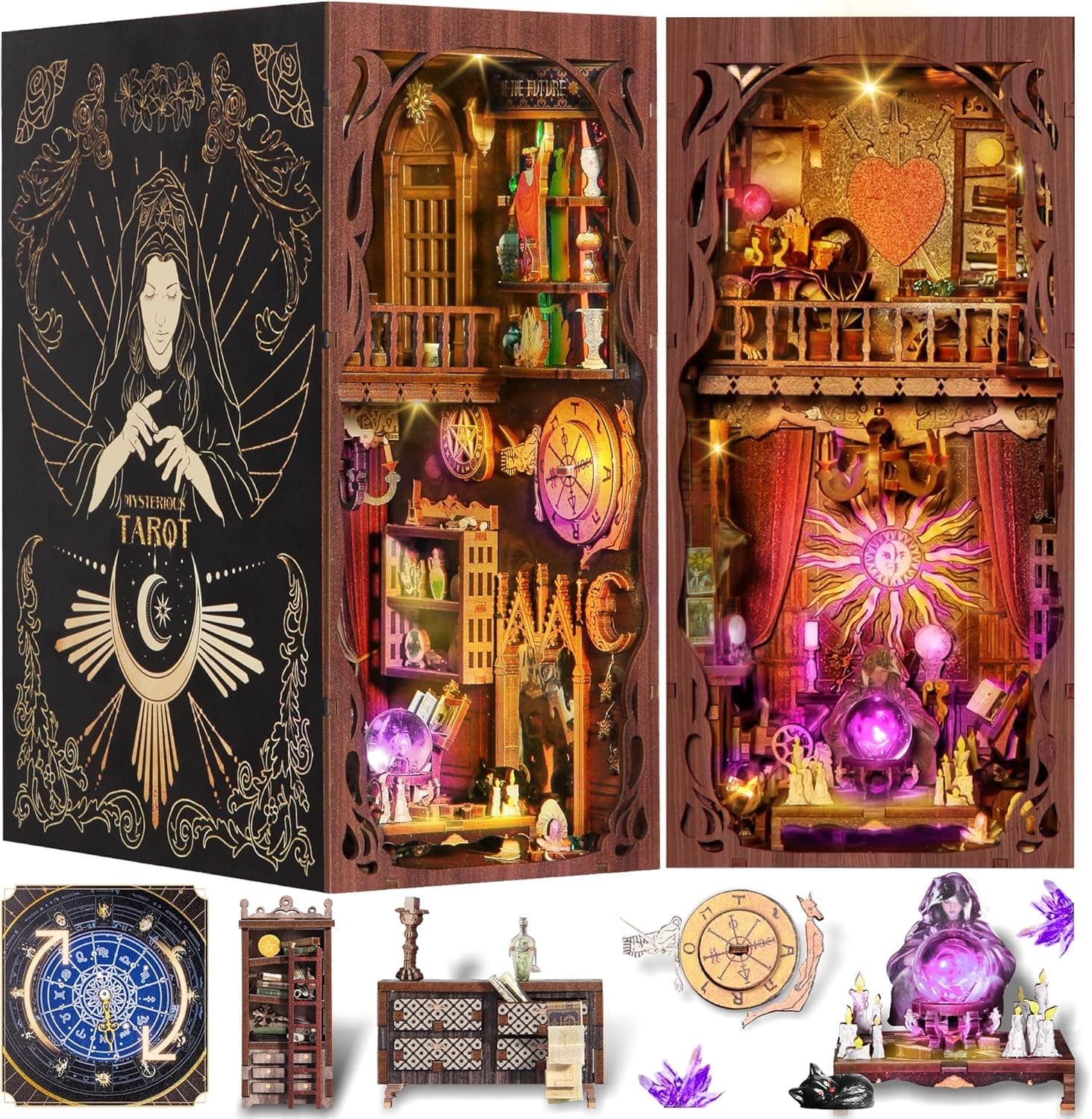 Book Nook Kit with LED - Bookshelf Decor - DIY miniature house kit with LED lights displayed on a white background